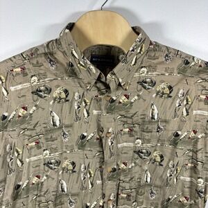 Vintage Bit & Bridle Mens 3X Fishing Lure Reel Print Shirt Khaki Cotton